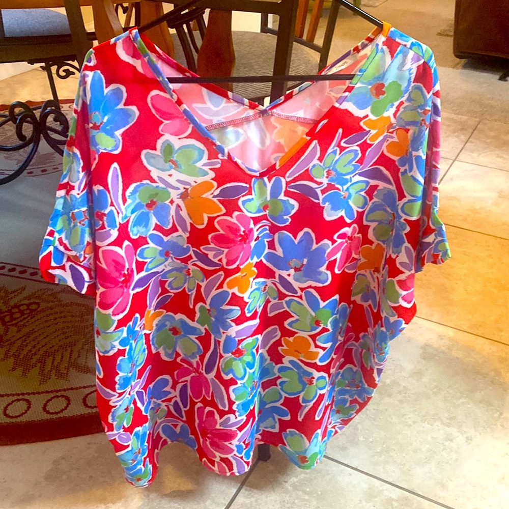 JODIFL OVERSIZED Flowy Bright/Colorful Lightweight Ladies V-Neck Tunic -Sz Large